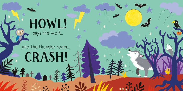 Spooky night forest illustration with a howling wolf slider, lightning, and bats. Text: HOWL! and CRASH!