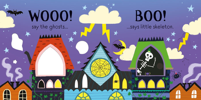 Colorful haunted house illustration with a waving skeleton, bats, stars, and lightning against a purple sky.
