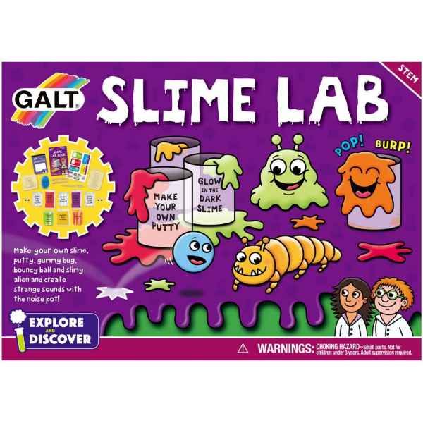 Purple Galt Slime Lab box featuring cartoon slime monsters, a yellow bug, and kids in lab coats. STEM activity kit.