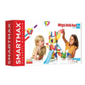 Box for a magnetic building toy showing two children playing with a colorful ball run made of rods, spheres, and slides.