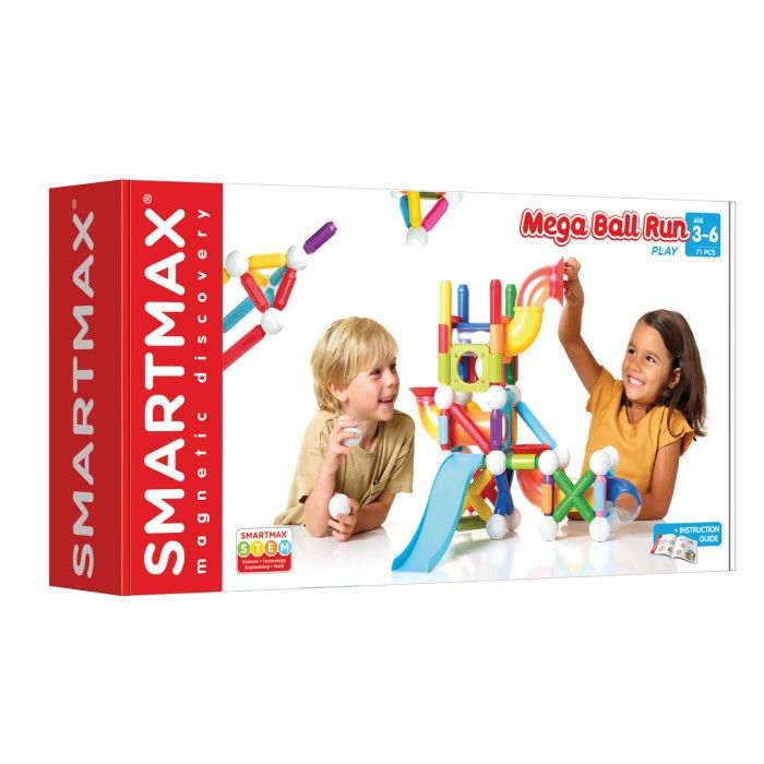 Box for a magnetic building toy showing two children playing with a colorful ball run made of rods, spheres, and slides.