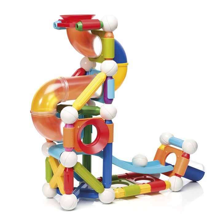 Colorful magnetic construction toy with rods, spheres, and tubes, featuring a white ball rolling down a blue slide.