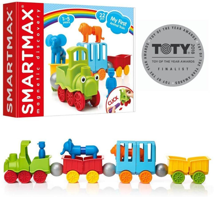 Colorful toy train box and assembled magnetic set with green engine, animal figures, and silver connecting spheres.