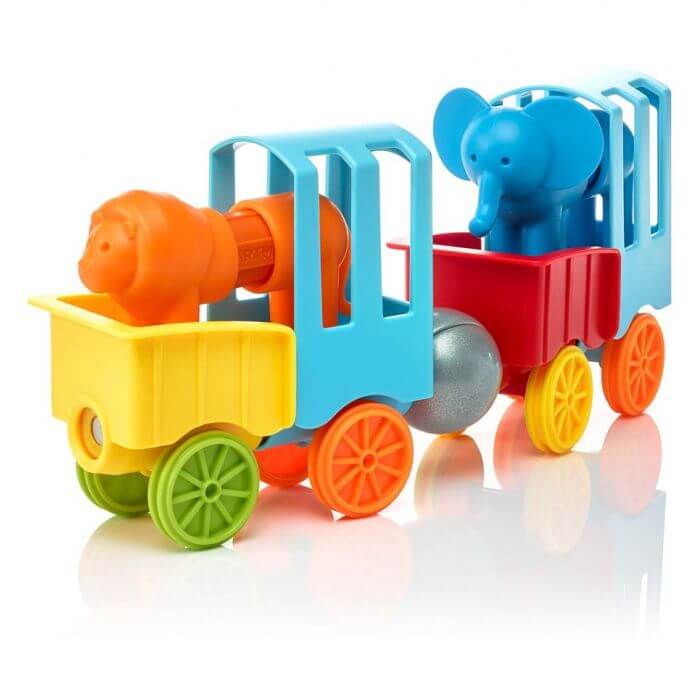 Magnetic toy train with a blue elephant and orange lion in colorful plastic cars with large chunky wheels.