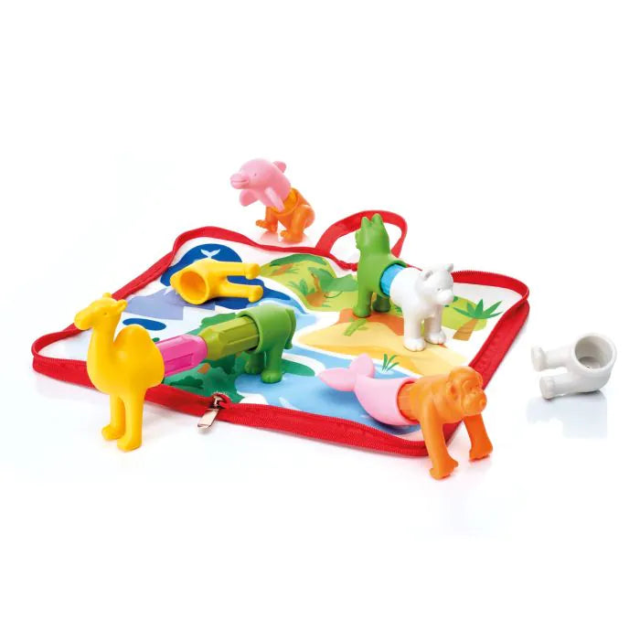 Colorful magnetic animal parts and rods mixed and matched on a zippered landscape play mat.