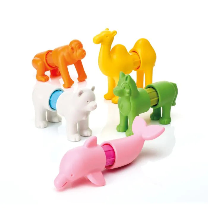 Five colorful, magnetic animal toys including a monkey, camel, bear, wolf, and dolphin on a white background.