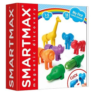 Red and white box for magnetic toy animals featuring colorful, segmented pieces like a yellow giraffe and orange lion.