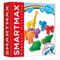 Red and white box for magnetic toy animals featuring colorful, segmented pieces like a yellow giraffe and orange lion.