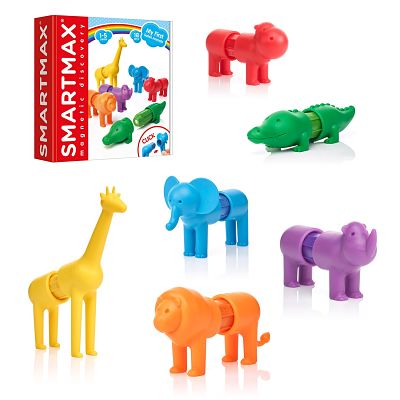 Magnetic safari animals in bright colors: yellow giraffe, blue elephant, orange lion, and purple rhino with toy box.