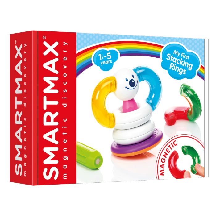SmartMax box showing a colorful magnetic stacking toy with a white smiley face ball and ring pieces.