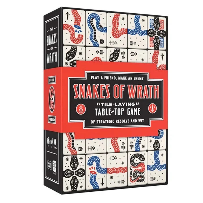 Black board game box featuring white tiles with red and blue snake illustrations and a large red banner with white text.