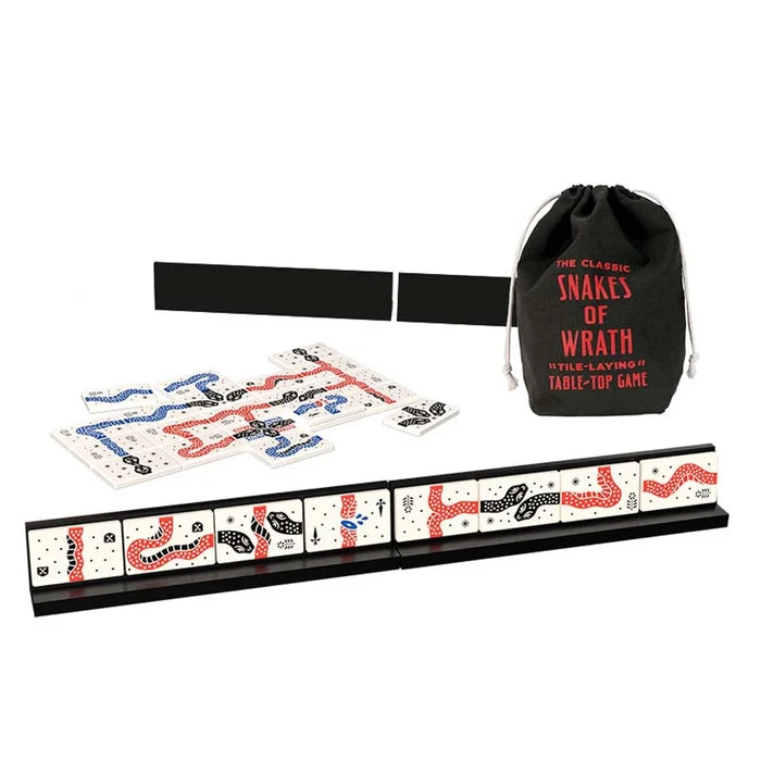 Colorful patterned snake tiles on black racks next to a black drawstring bag with red Snakes of Wrath lettering.