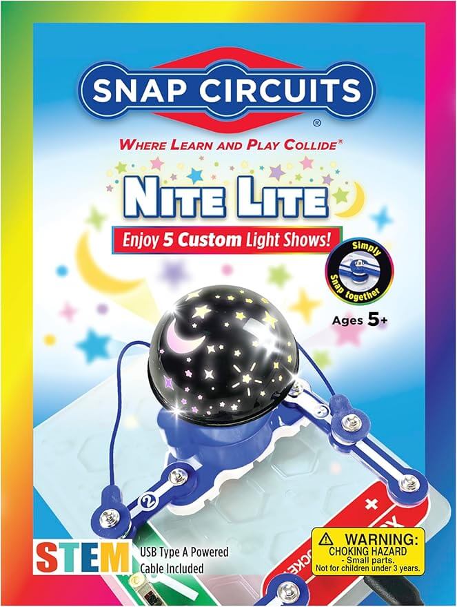 Box art for a night light kit with a black star-patterned dome on blue snap-together electronic circuit pieces.