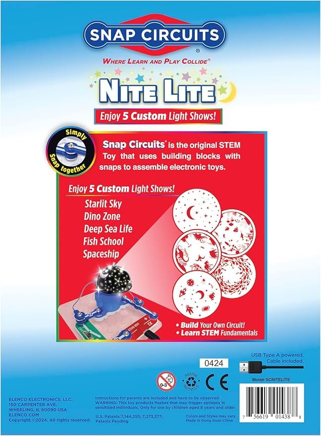 Blue packaging for a Snap Circuits night light with a projector toy and five circular light pattern illustrations.