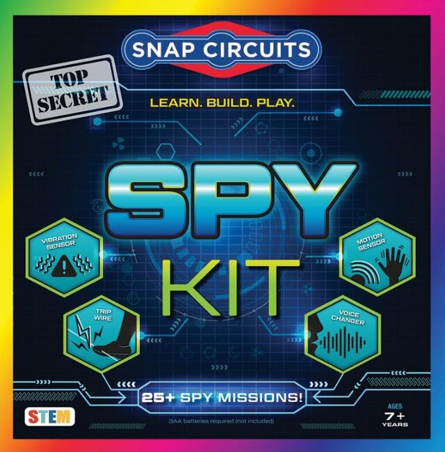 Dark blue Snap Circuits Spy Kit box with neon blue and green sensor icons and a rainbow border.