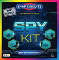 Dark blue Snap Circuits Spy Kit box with neon blue and green sensor icons and a rainbow border.