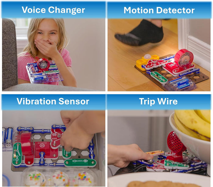 Four panels show kids building a voice changer, motion sensors, and trip wire with colorful snap-together circuit blocks.