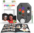 Halloween face paint kit with an 8-color tray, sponge, brush, and guidebook showing step-by-step makeup designs.