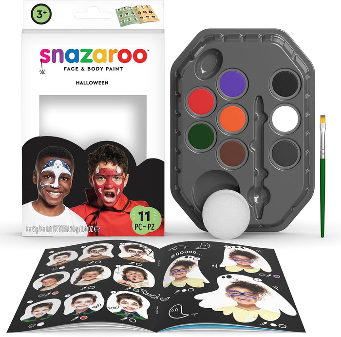 Halloween face paint kit with an 8-color tray, sponge, brush, and guidebook showing step-by-step makeup designs.