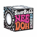 Black cube box with retro pink and orange text and a circular window showing a white, textured snowball toy.