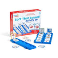 Phonics set with blue sorting trays, circular picture tiles, and sound cards beside a red and white product box.