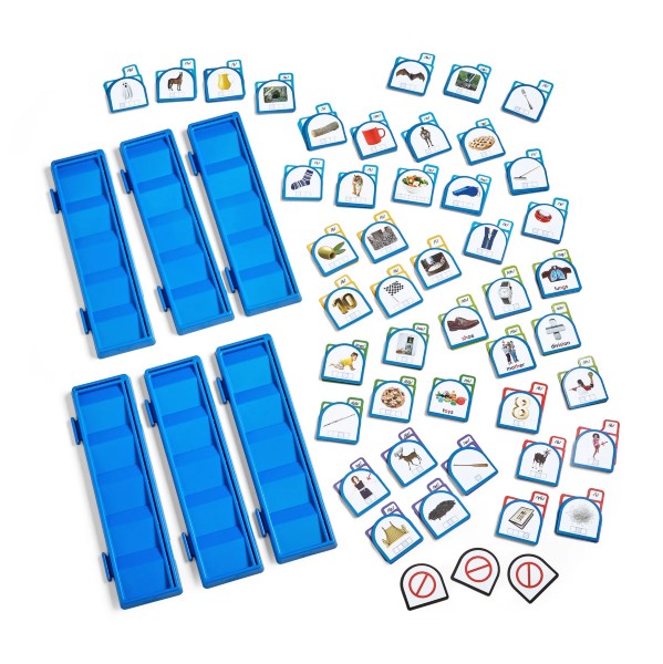 Six blue tiered sorting trays and dozens of small square picture cards on a plain white background.