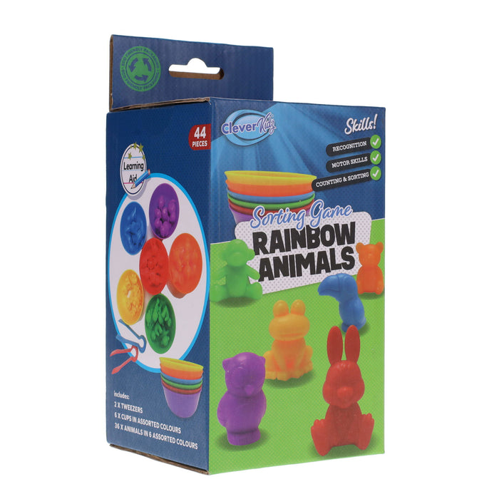 Blue box for a sorting game featuring colorful plastic animal figures, nesting bowls, and tweezers.