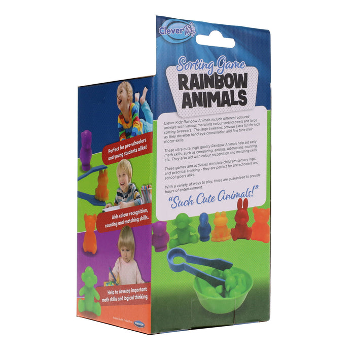 Box for Rainbow Animals sorting game showing colorful animal figurines, a blue tweezer, and a green sorting bowl.