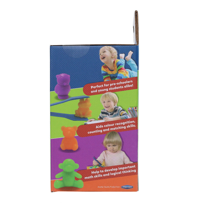 Colorful side of toy box with kids using blue tongs to sort purple, orange, and green animal-shaped counting figures.