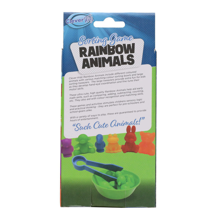 Blue and green box showing six colorful plastic animal toys, a green bowl, and blue tweezers picking up a small figure.