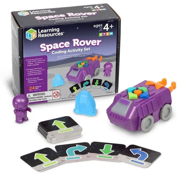 Purple toy rover, astronaut figure, blue obstacle, and coding cards displayed with product packaging.
