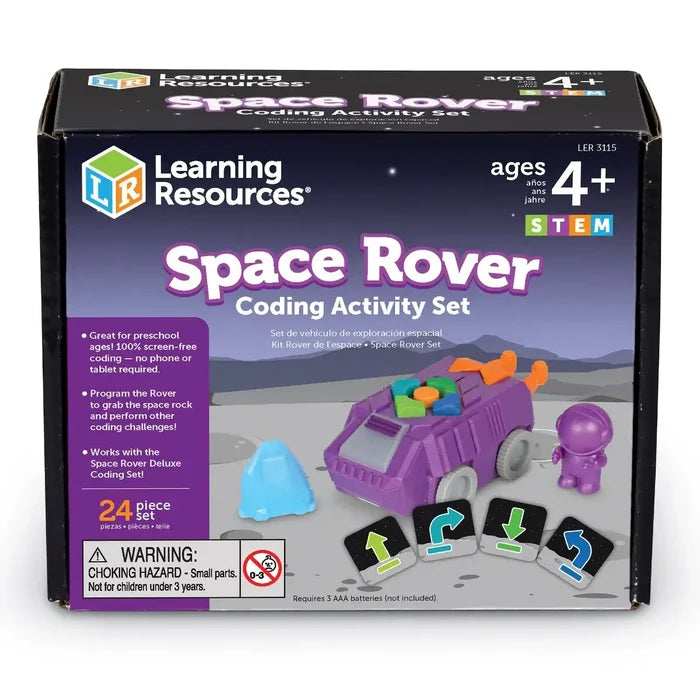 Packaging for a 24-piece STEM set featuring a purple toy rover, astronaut figure, blue rock, and arrow coding cards.