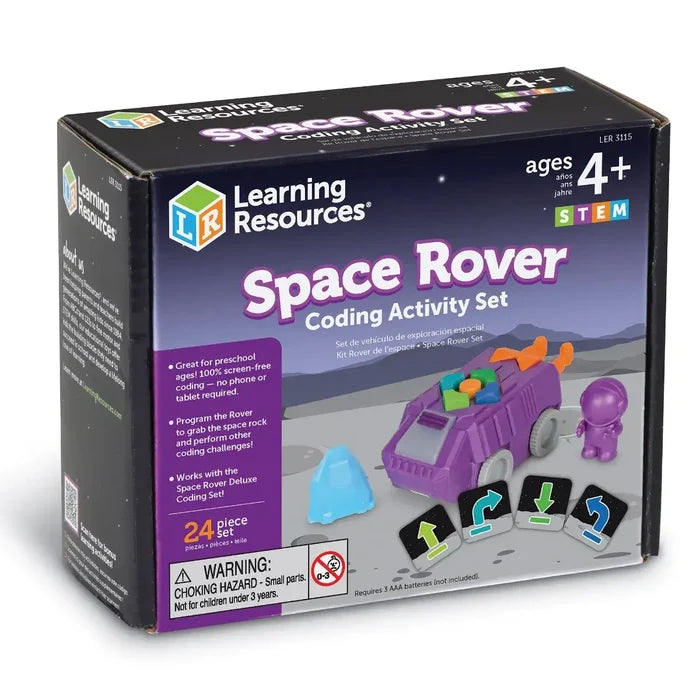 Purple toy rover box with astronaut figure, blue rock, and directional coding cards for kids aged 4 and up.