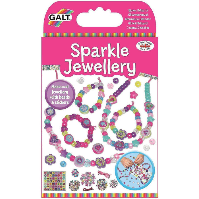 Pink Galt Sparkle Jewellery box featuring colorful assorted beads, stickers, and sample necklaces and bracelets.