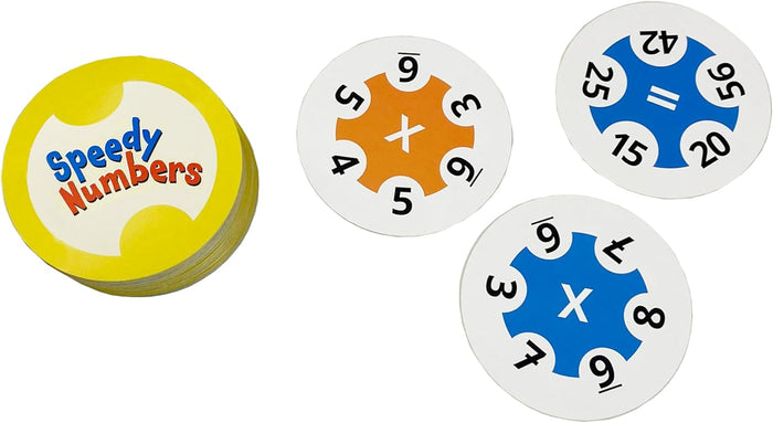 Stack of round yellow game cards next to individual cards with numbers around colorful gear-shaped math symbols.