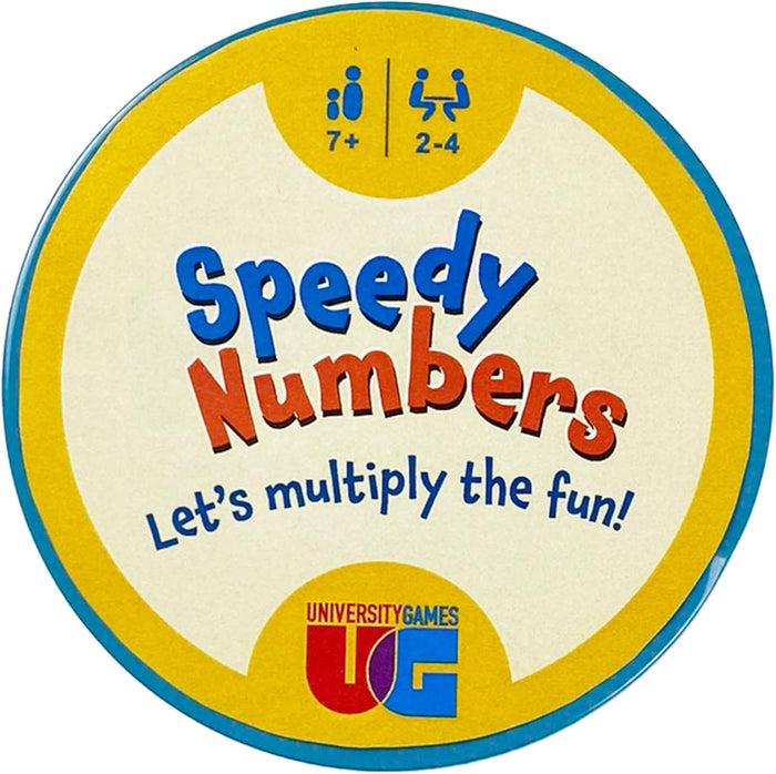 Circular yellow and cream game lid featuring blue and orange block text, icons for age 7+ and 2-4 players.