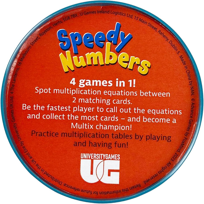 Circular orange tin lid with blue and yellow Speedy Numbers logo and instructions for multiplication card games.