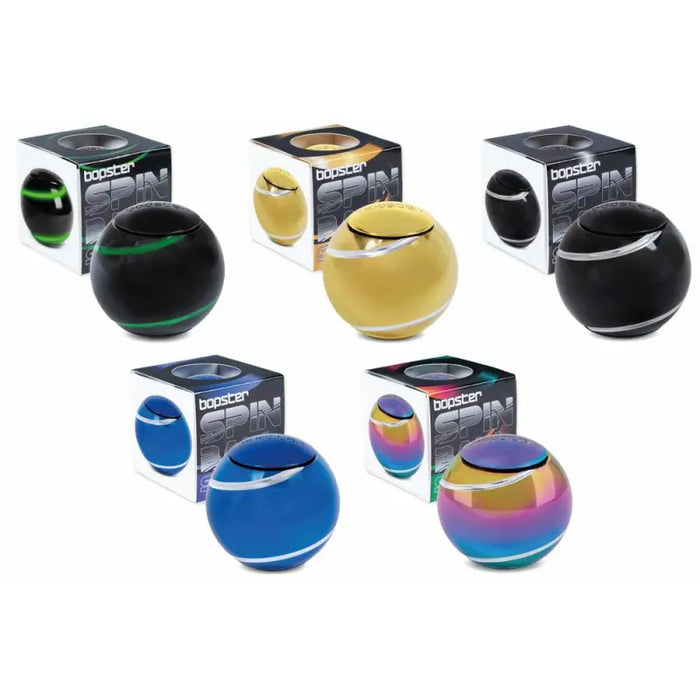 Five bopster SPIN kinetic balls in black, gold, blue, and iridescent colors shown next to their individual boxes.