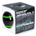 Black egg-shaped fidget toy with neon green stripes next to its black and green square retail box.