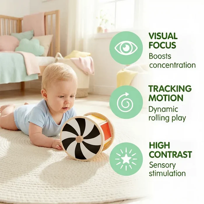 Baby plays with a wooden spinning drum featuring a black and white spiral and colorful panels on a soft nursery rug.