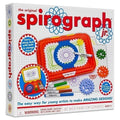 Spirograph Jr retail box featuring a red drawing desk, blue gears, and colorful markers for creating geometric art.