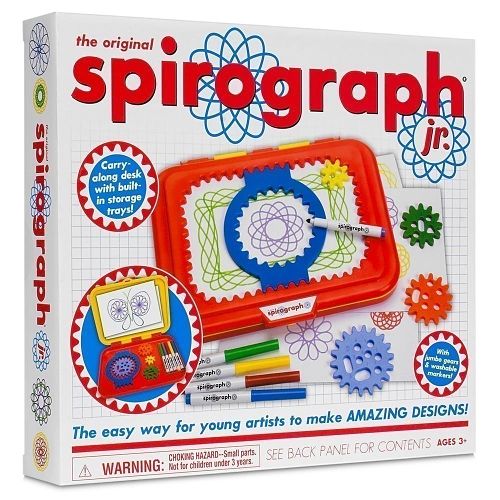 Spirograph Jr retail box featuring a red drawing desk, blue gears, and colorful markers for creating geometric art.
