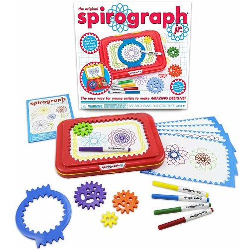 Spirograph Jr. kit featuring a red drawing desk, colorful gears, five markers, and design paper on a white background.