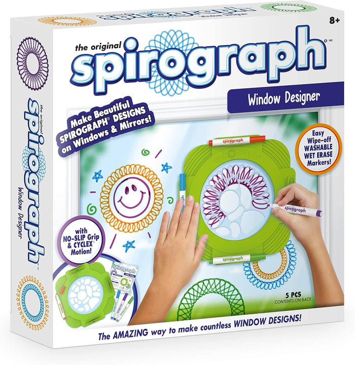 Spirograph Window Designer box showing hands using a green tool and markers to draw colorful designs on glass.
