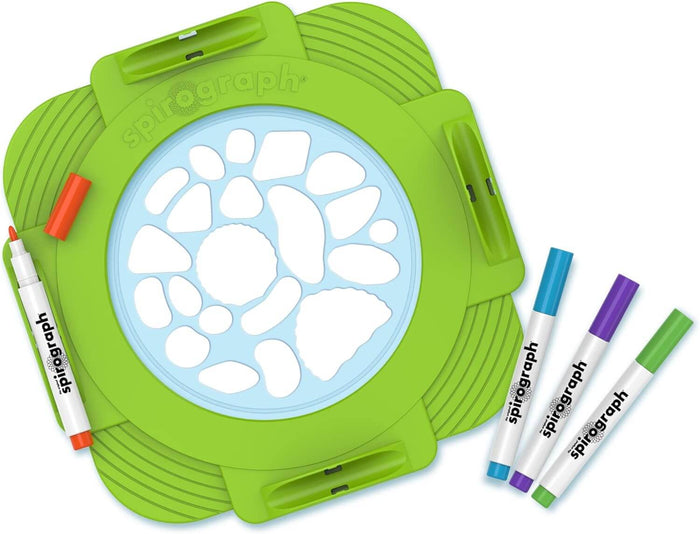 Bright green frame with handles, a blue circular stencil, and orange, blue, purple, and green markers.