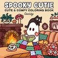 Cover of the Spooky Cutie coloring book featuring a ghost writing in a diary and a black cat by a fireplace.