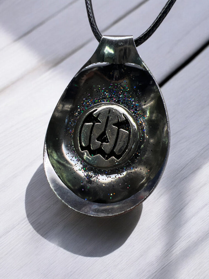 Spoon Pendant With Etched Pumpkin Face Silver With 18 " Adjustable Necklace