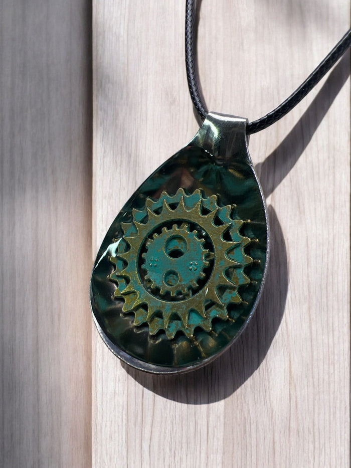 Spoon Pendant With Gold-Toned Gears With 18" Adjustable Necklace