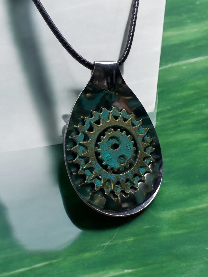 Spoon Pendant With Gold-Toned Gears With 18" Adjustable Necklace