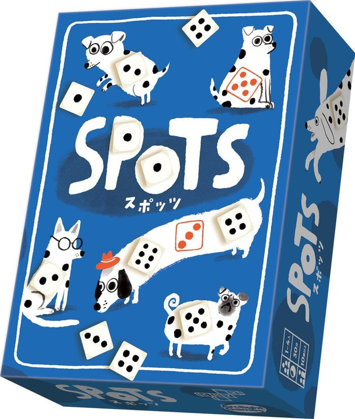 Blue board game box titled SPOTS featuring illustrations of white dogs with dice as their spots.